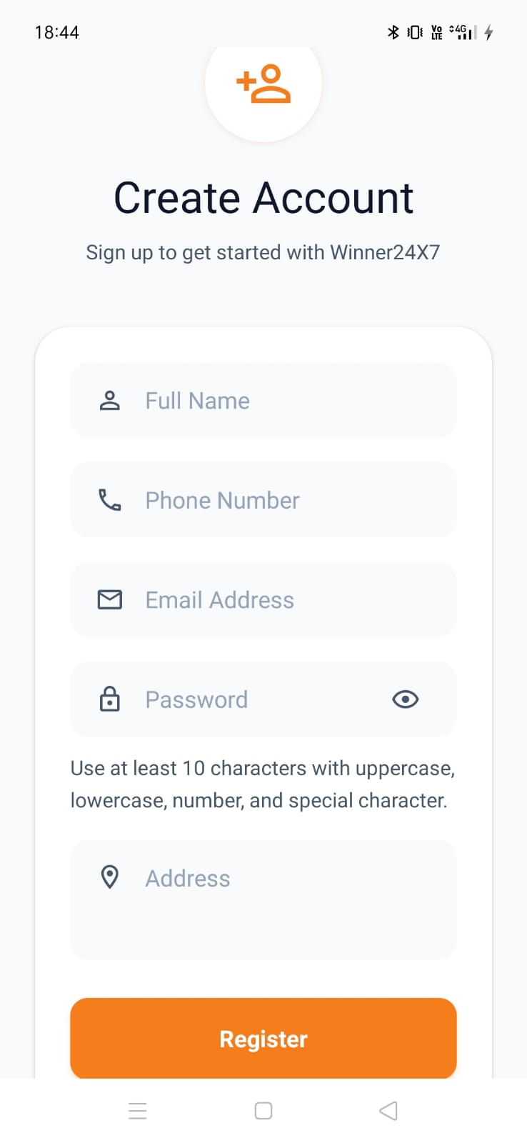 Winner24x7 registration screen