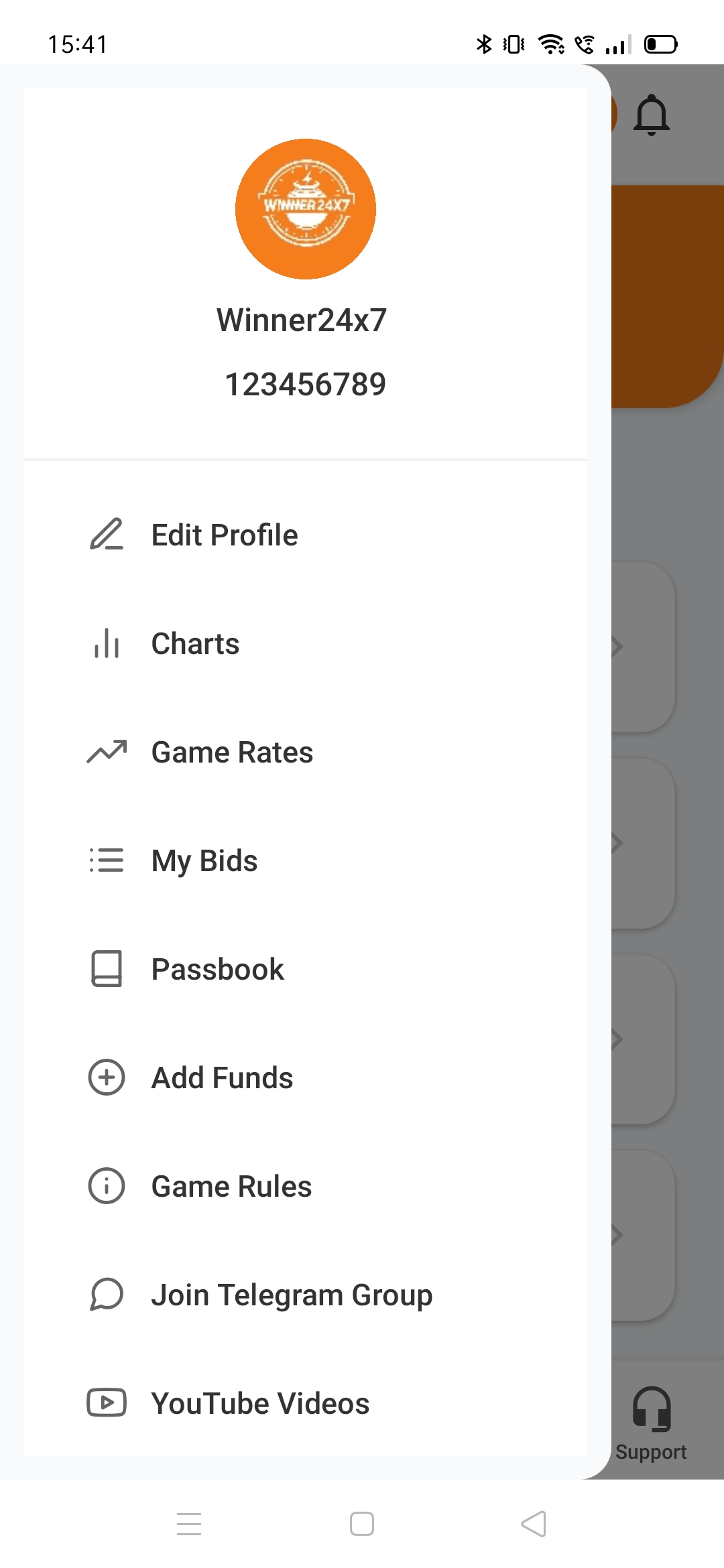 Winner24x7 support and account menu screen